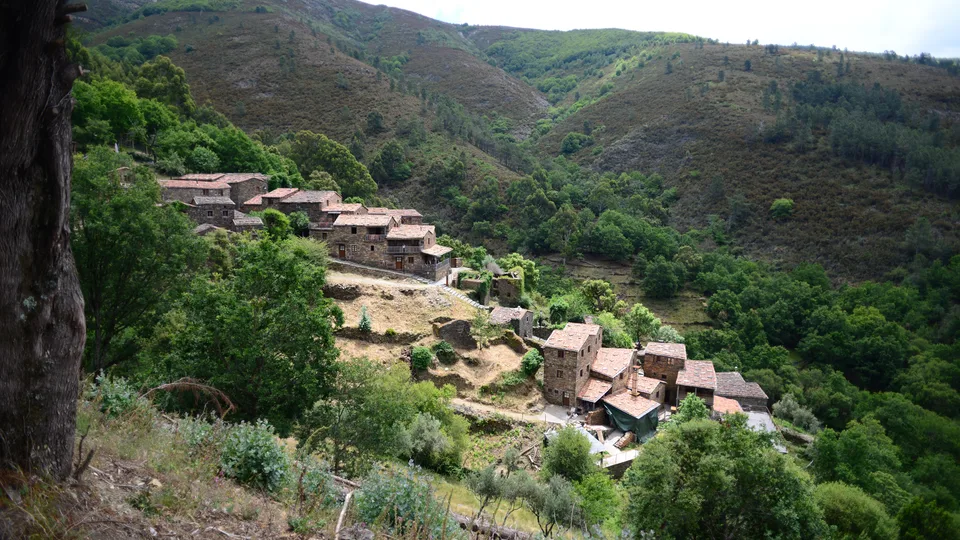 The schist houses of Cerdeira on their hillside in the Lousã mountains