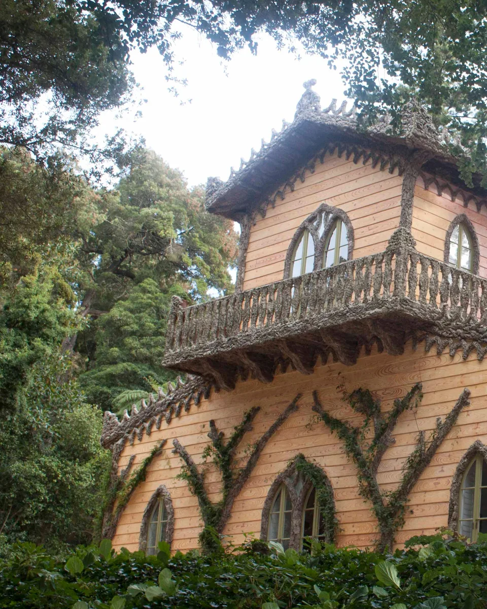 Cork-laced balconies and arched windows of the Chalet of the Countess of Edla, Sintra